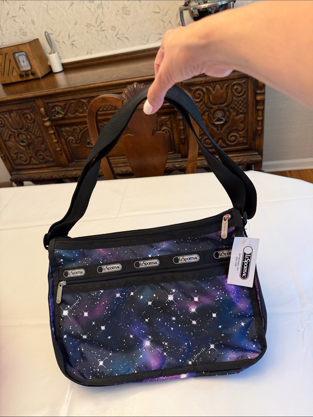NWT Lesportsac Galaxy Print Messenger Bag - Black, Purple, Blue RARE - Picture 1 of 4